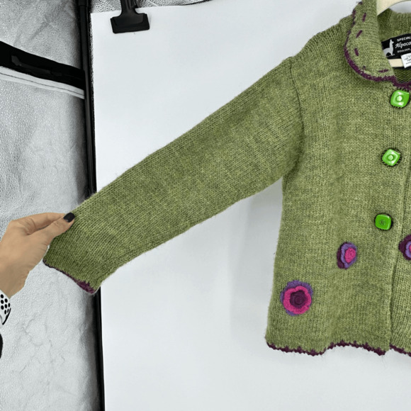 Alpaca Connection Kids Knit Sweater Cost Button Up Girls Size 10 Green Soft - Picture 6 of 8